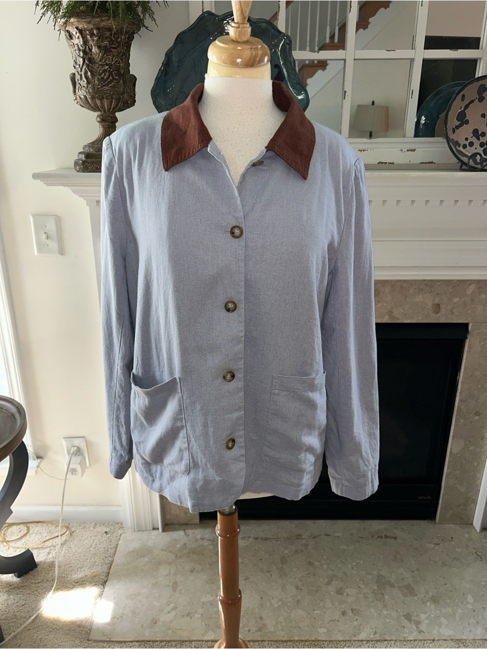 Calypso Light Blue Linen Blend Jacket with Brown Collar